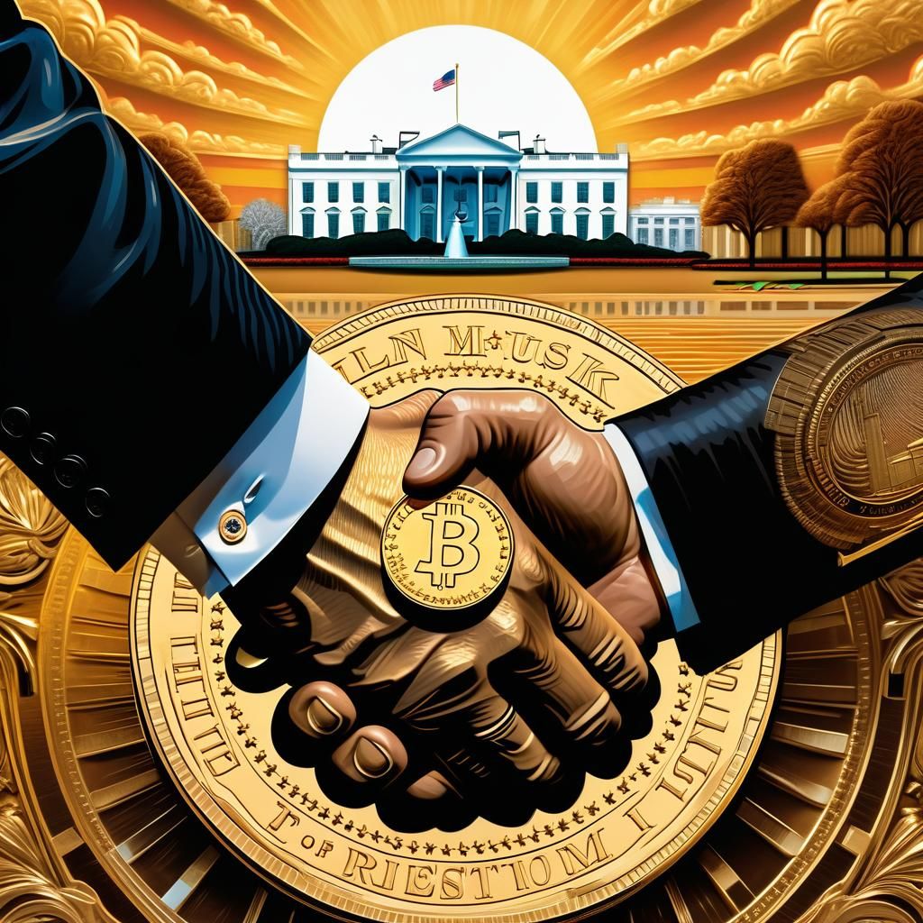 Golden Coin Depicting Elon Musk and Trump in Baroque Style