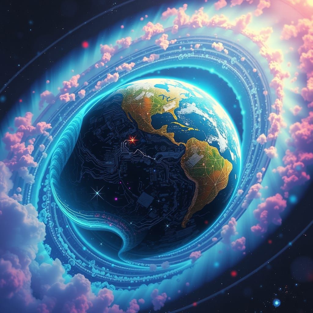 Earth from Space with Cybernetic Aurora, Digital Art