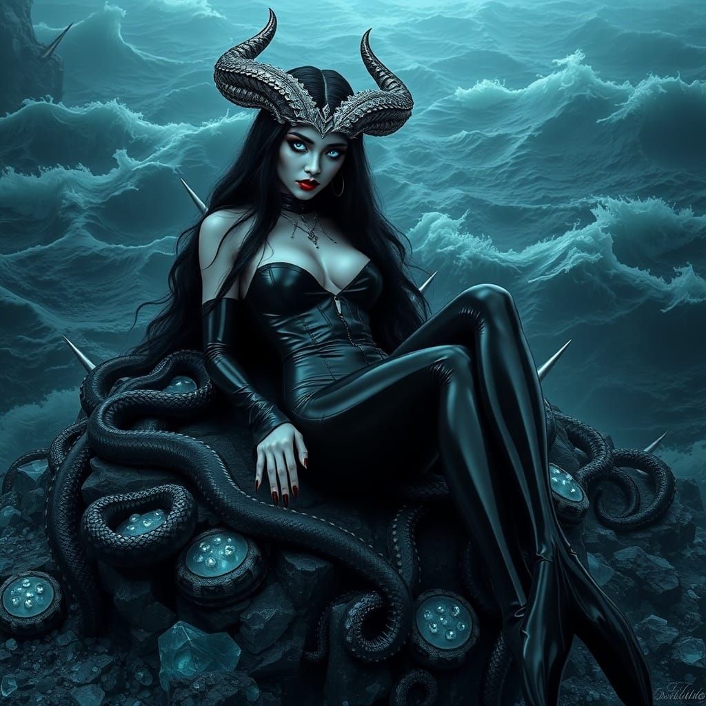 Gothic Goddess with Glowing Eyes and Silver Horns
