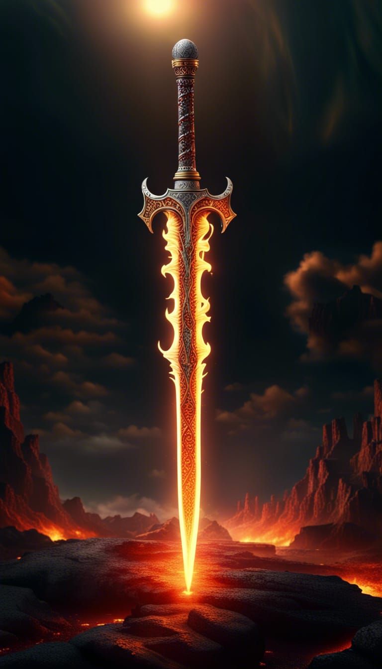 Fire Sword in Ethereal Landscape
