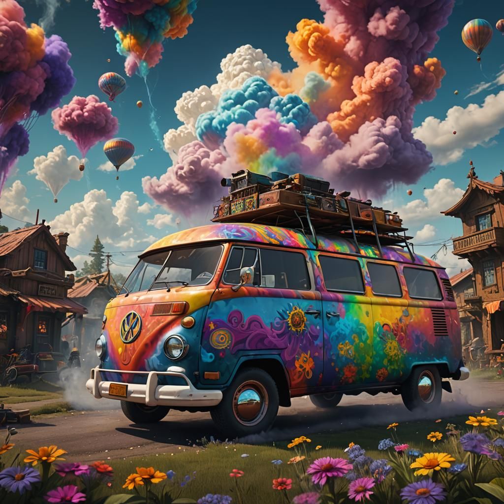 Psychedelic Hippie Van with Smoke Cloud, Detailed Matte Pain...
