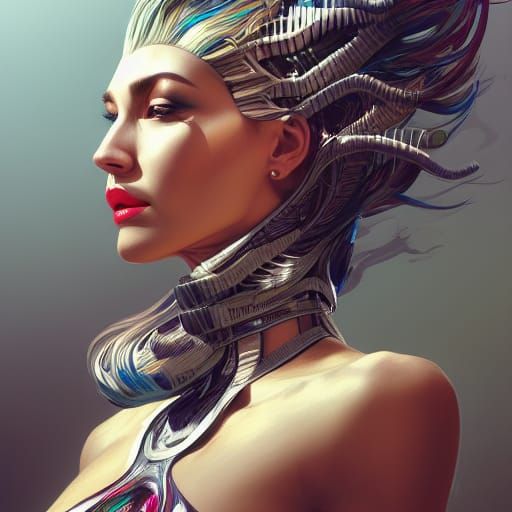 Bionic Zebra Woman Portrait in Hyperdetailed Style