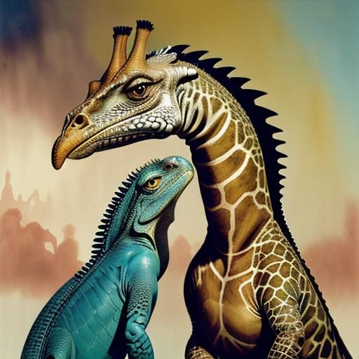 Surreal Giraffe-Iguana in Dreamscape, Watercolor Style