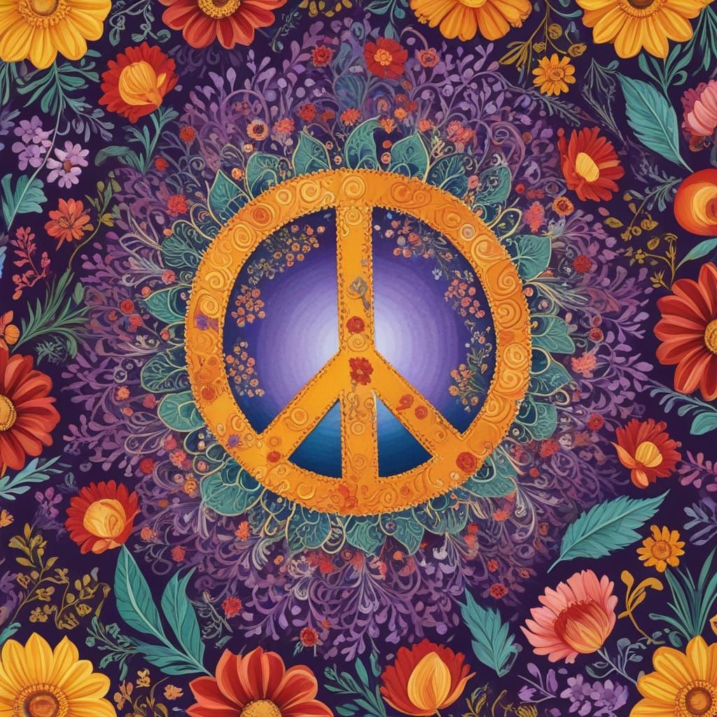 Whimsical Floral Tapestry with Delicate Peace Sign