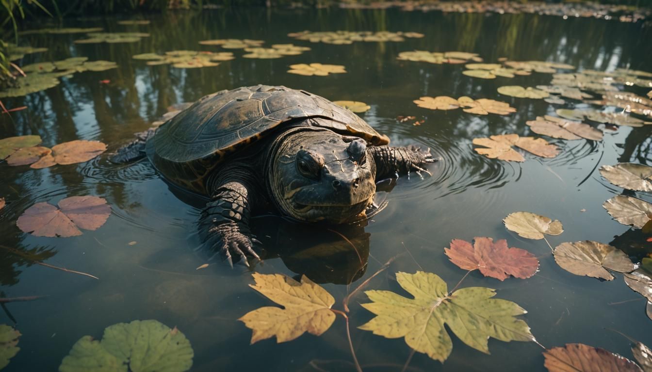 Snapping Turtle Emerges at Dawn: Cinematic Film Still