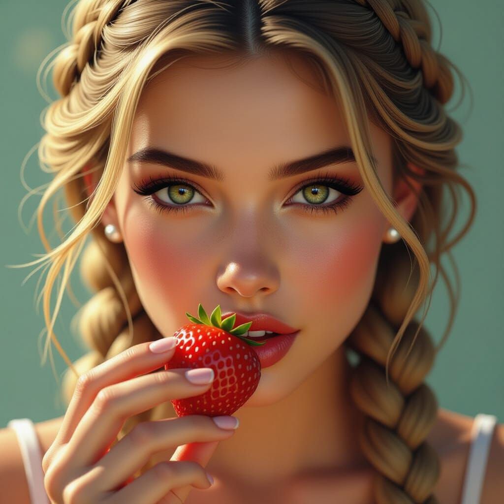Hyperrealistic Woman Bites Strawberry: Digital Art