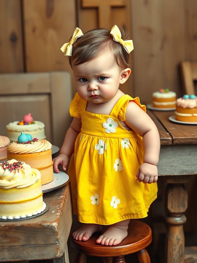 Thoughtful Toddler Contemplates Cake Choices in Nostalgic Am...