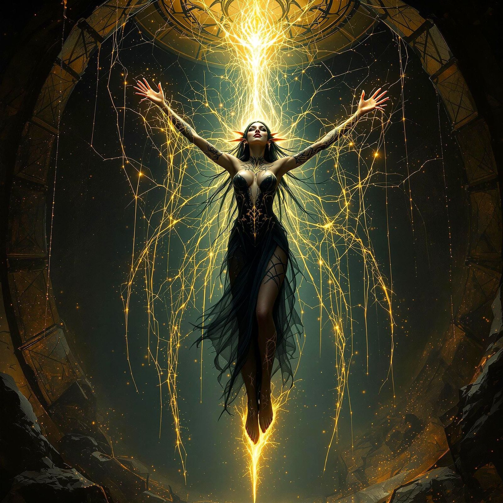 Dark Elf Sorceress in Arachnid-Inspired Laboratory