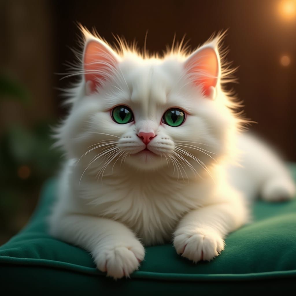 Smiling White Cat Lounging in Firelight