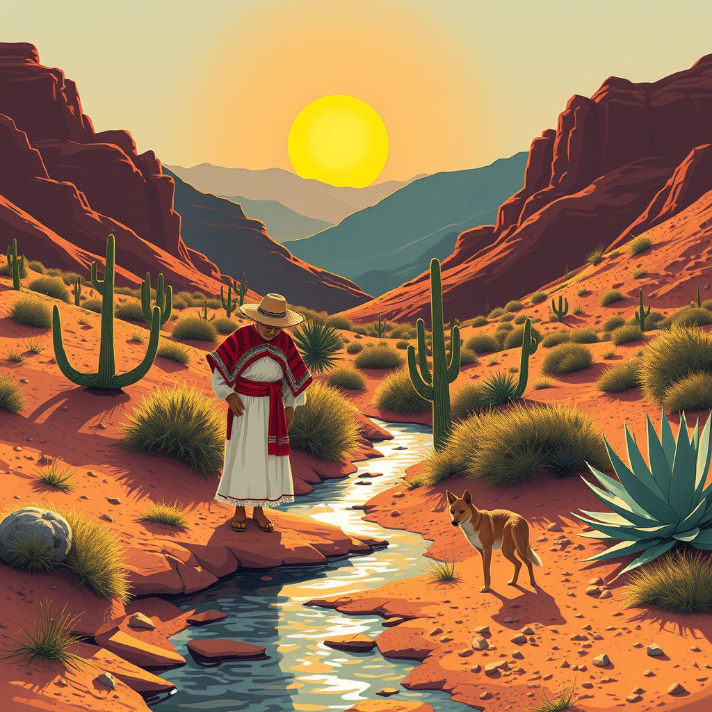 Mexican Desert Scene with Indigenous Figure in Pop Art