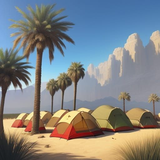 Women Camping in Wadi as a Detailed Oil Painting