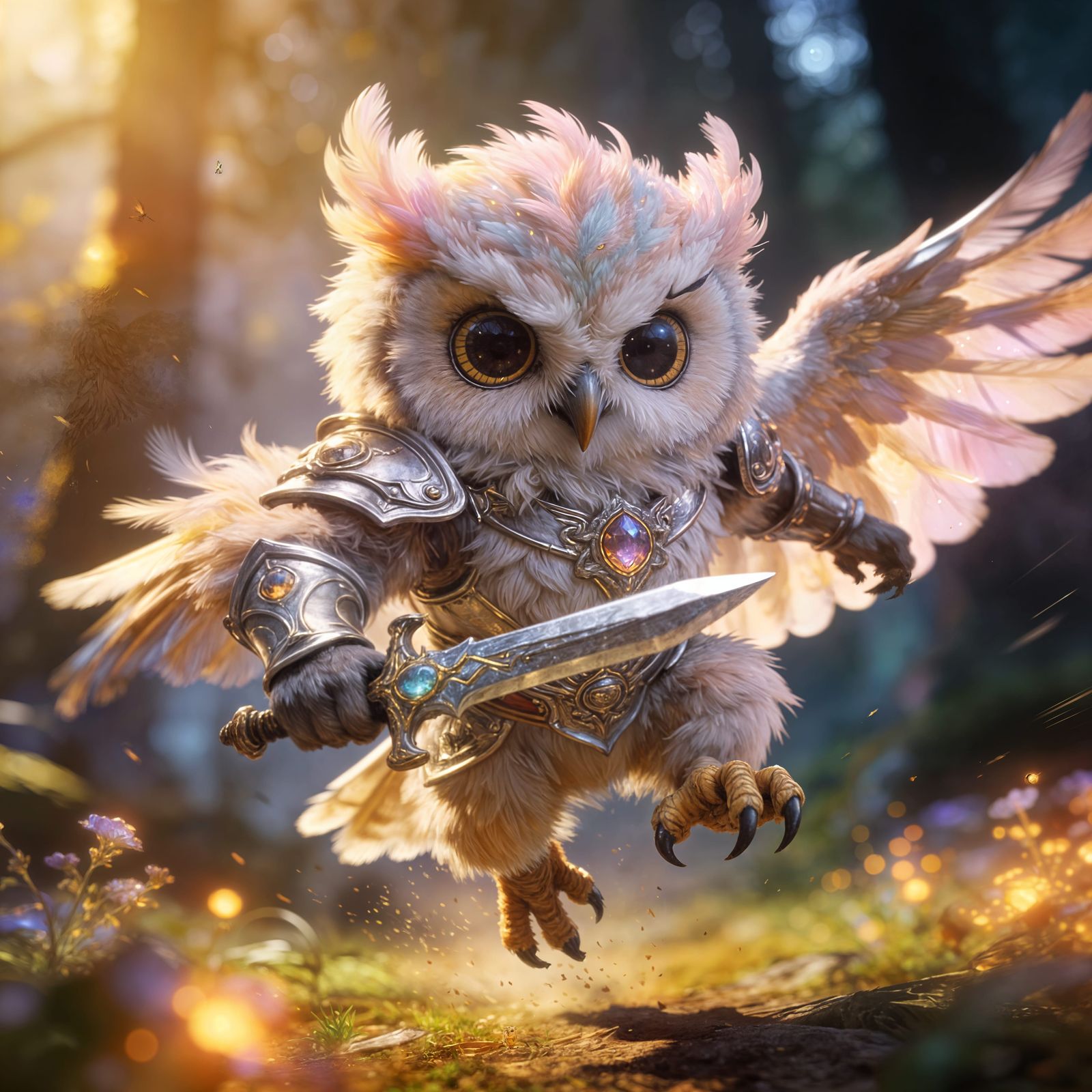 Cute Magical Owl Warrior in Hyperrealistic Style