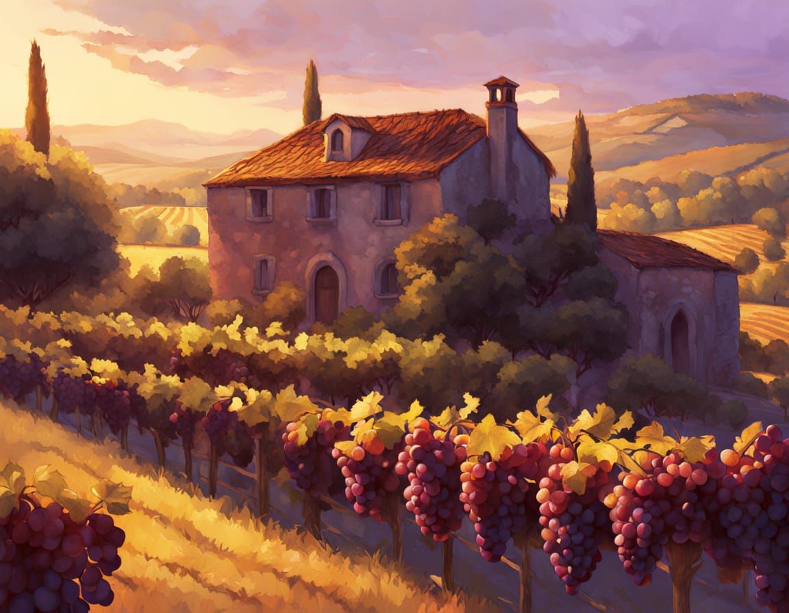 Tuscan Vineyard at Golden Hour in Warm Watercolor Style