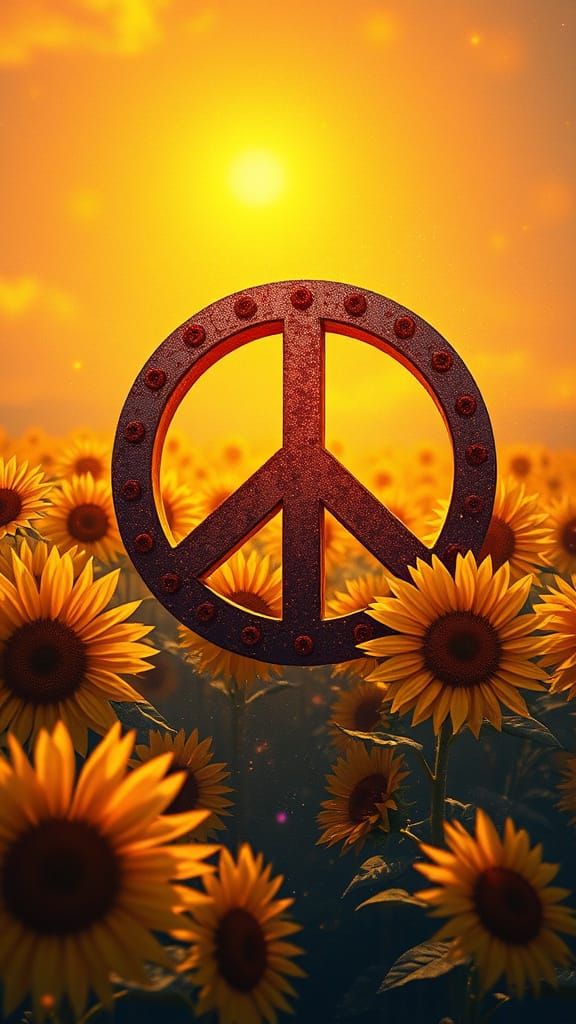 Rusting Peace Symbol standing alone in a field of sunflowers...
