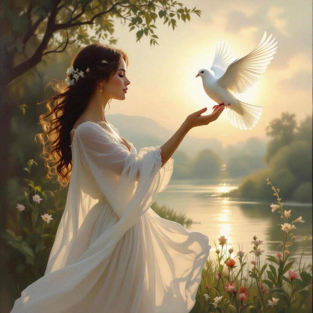 Woman Reaching for Dove at Dawn in Luminous Oil Painting Sty...