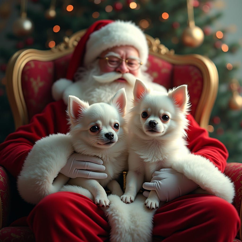 Joyful White Chihuahuas on Santa's Lap in Dreamy Whimsy