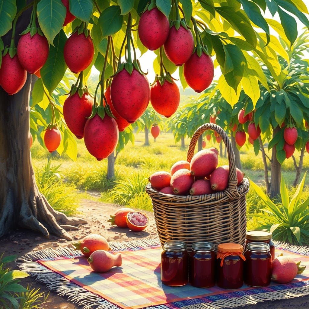 Lush Dragon Fruit Farm Scene in Vibrant Gouache Style