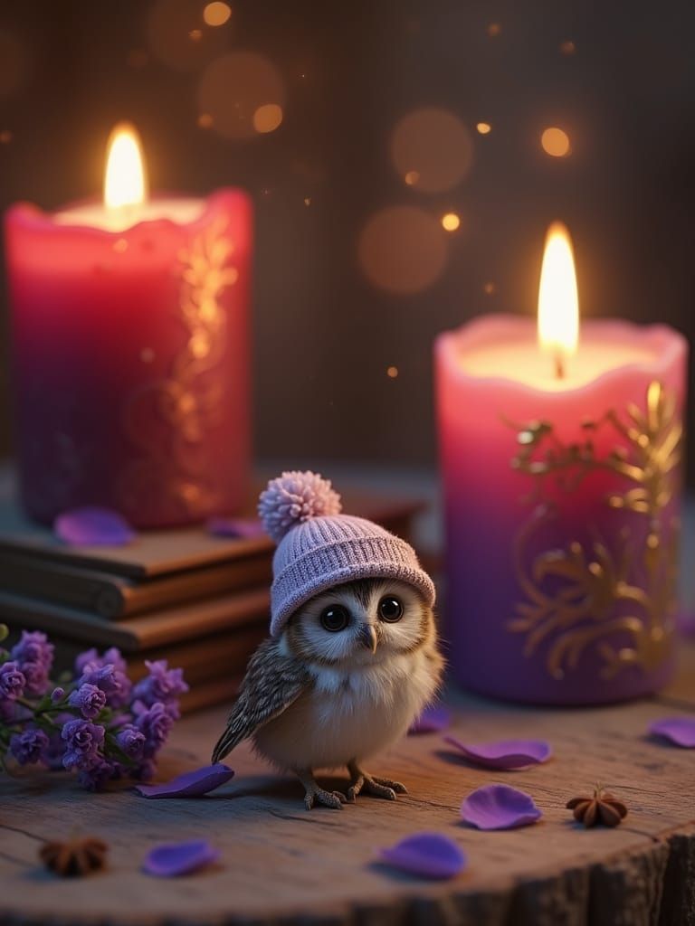 Adorable Owl in Winter Hat on Wooden Table with Candles