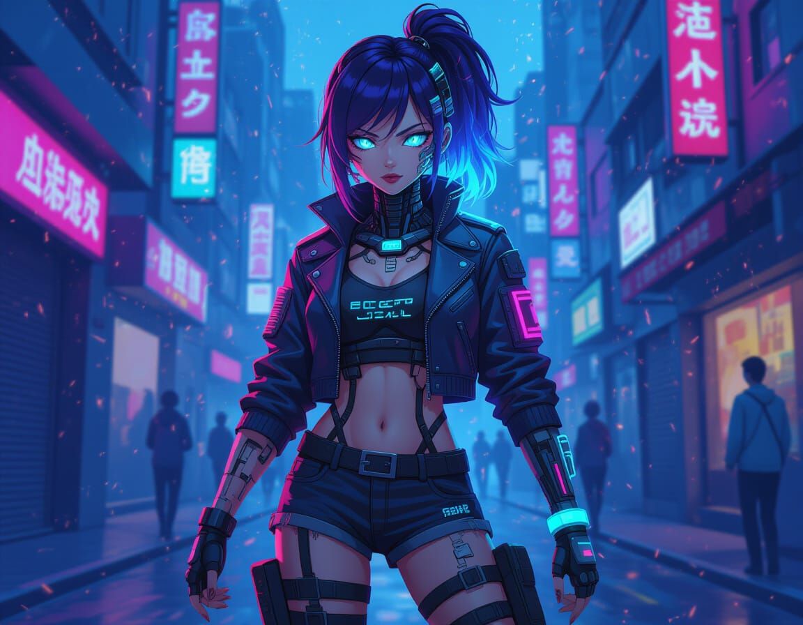 Cyberpunk Hacker Girl with Neon Hair, Anime Style