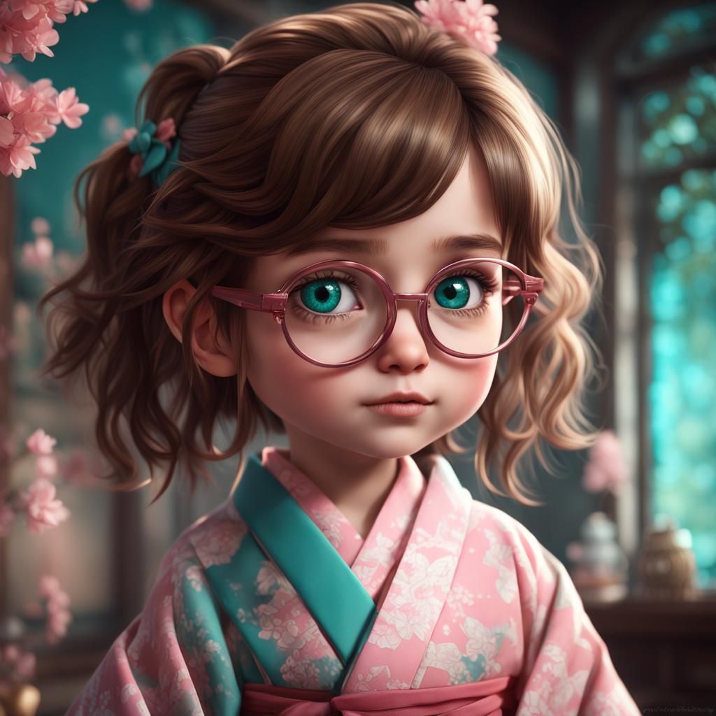 Adorable Girl in Pink Kimono: Digital Matte Painting