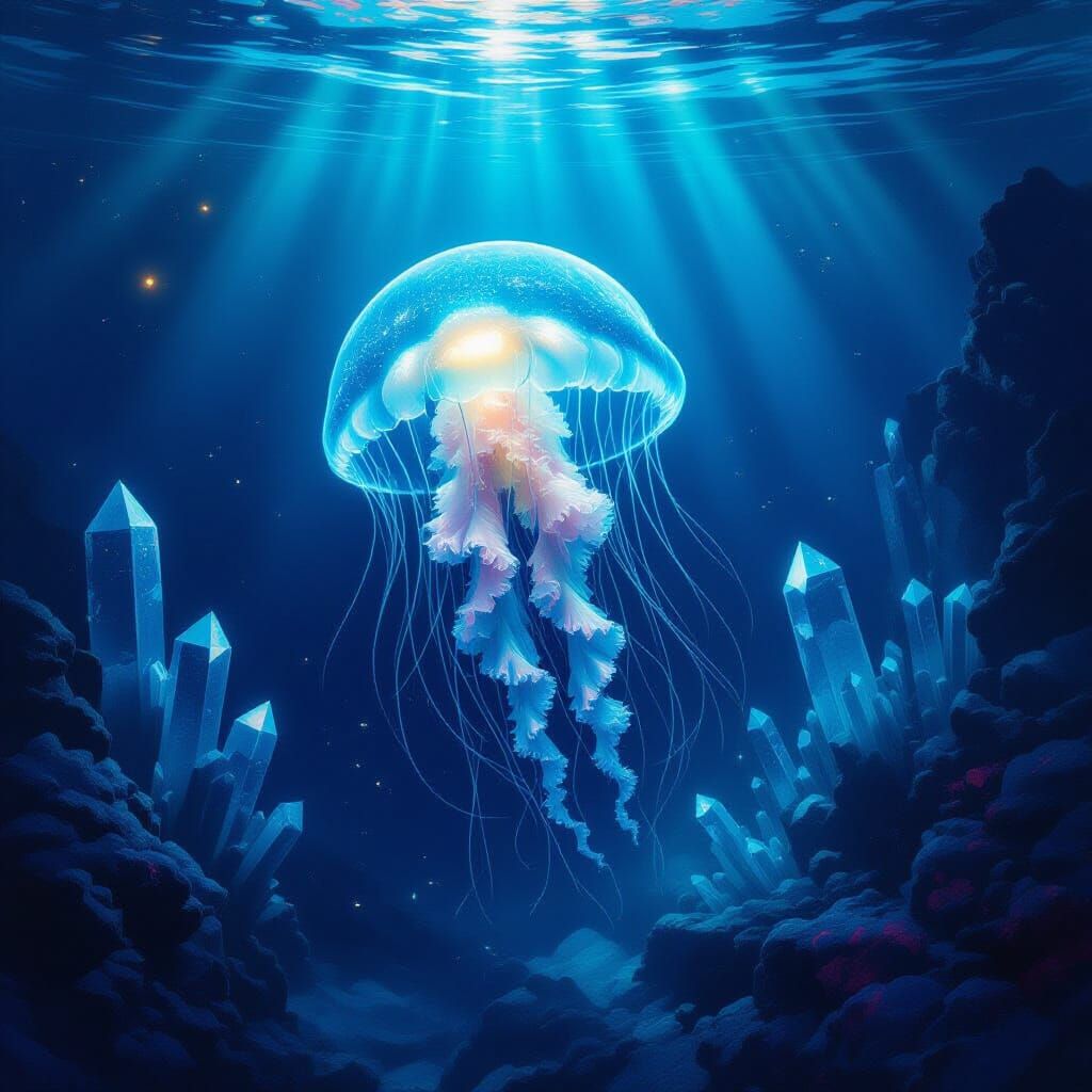 Bioluminescent Jellyfish in Alien Ocean Depths