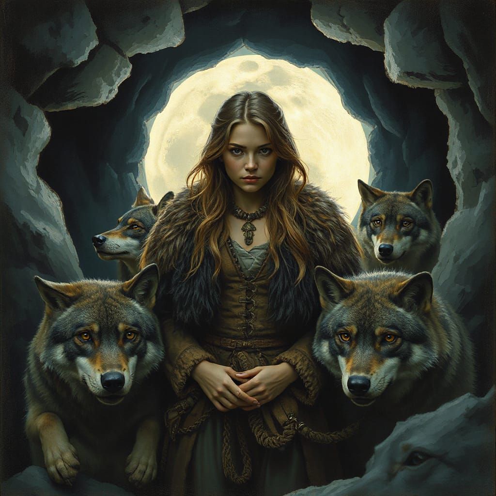 Woman Protected By Intelligent Wolves in Moonlit Forest