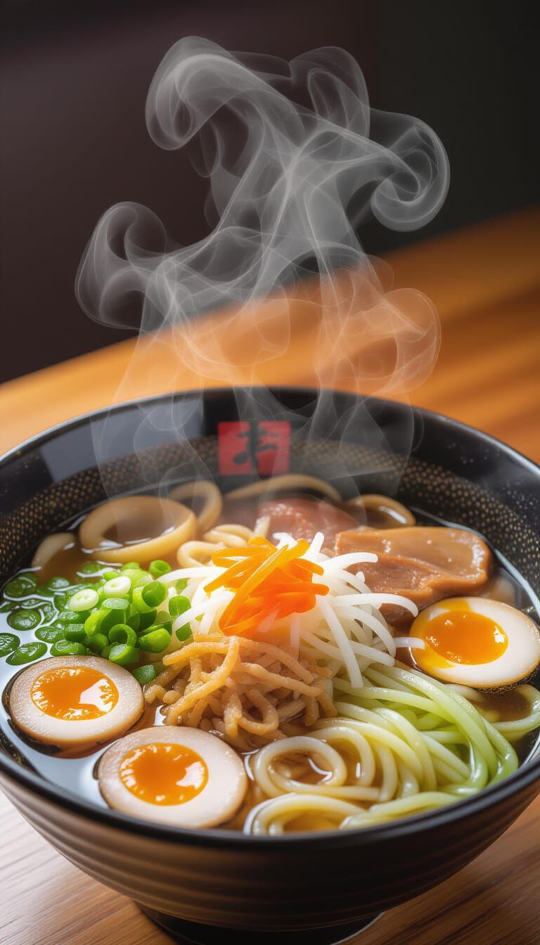 Vibrant Ramen Bowl with Delicious Toppings, Photorealistic S...