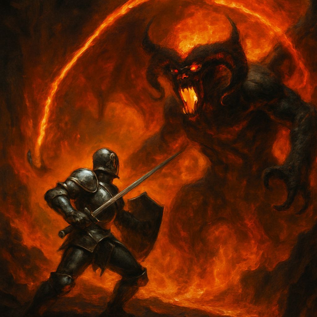 Knight Battles Balrog in Fiery Abyss