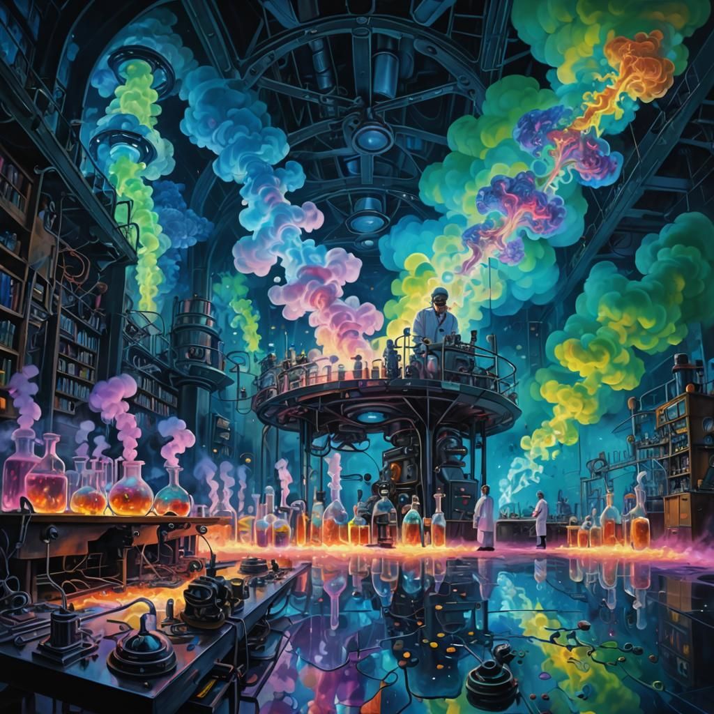 Glowing Biomechanical Laboratory in Folk Art Style