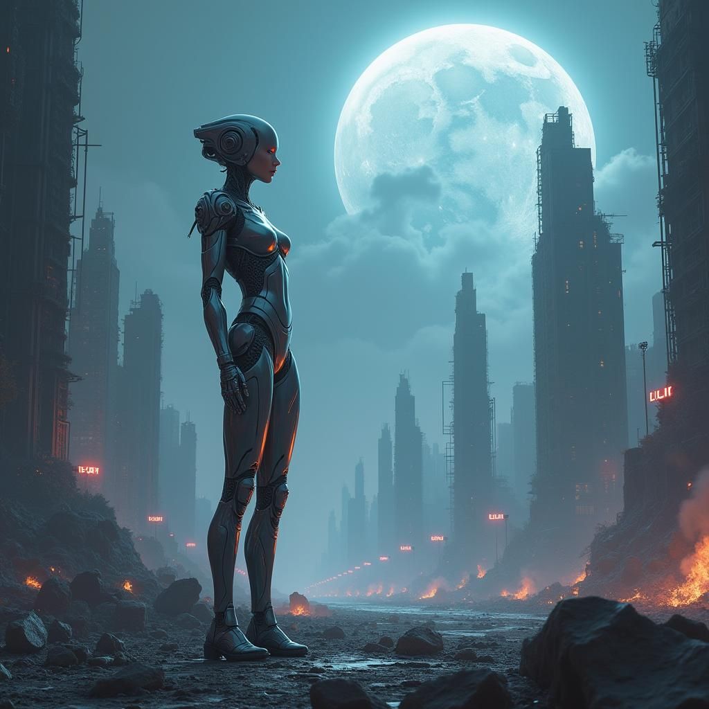 Android in Cyberpunk City Under Moonlight