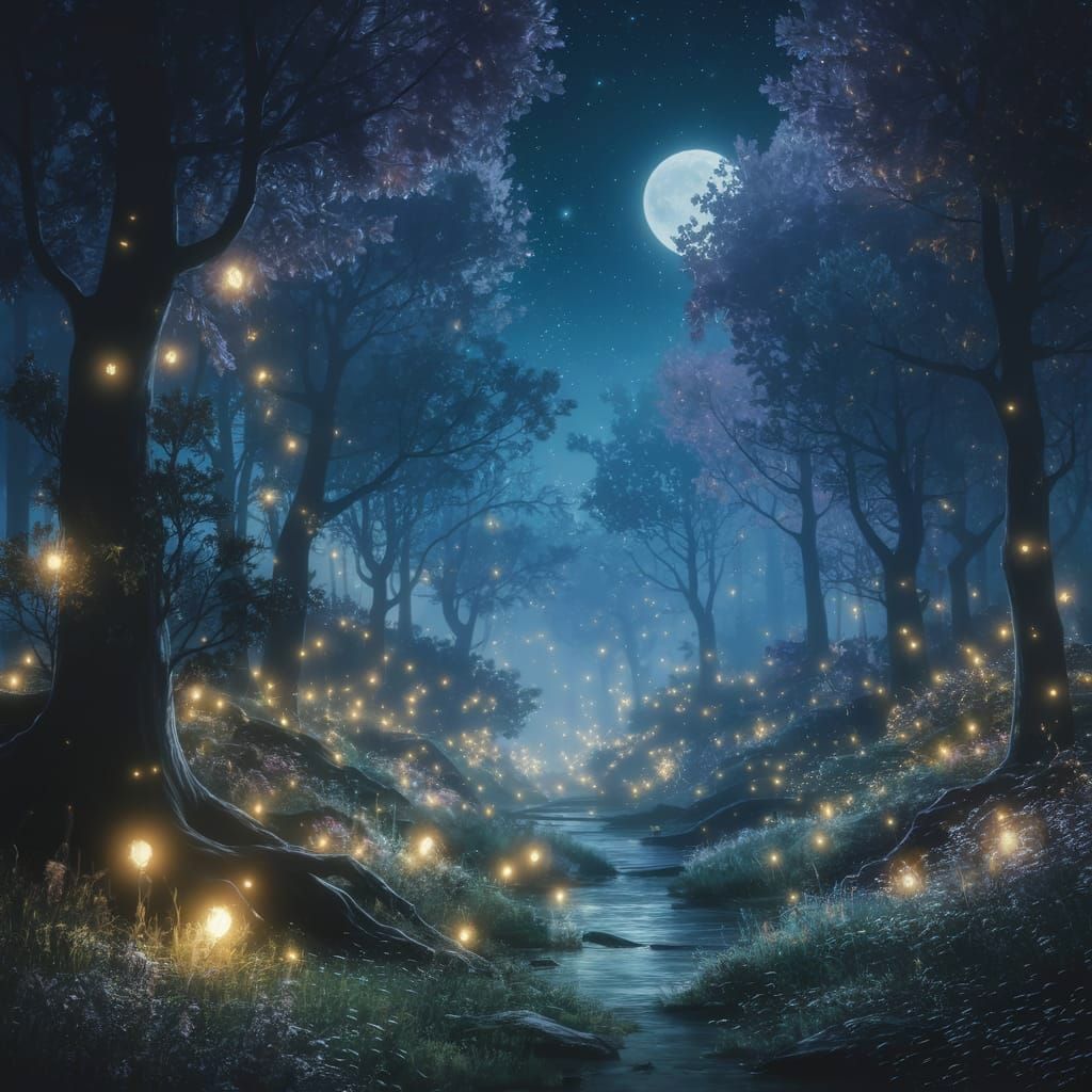 Nighttime forest with glowing fireflies