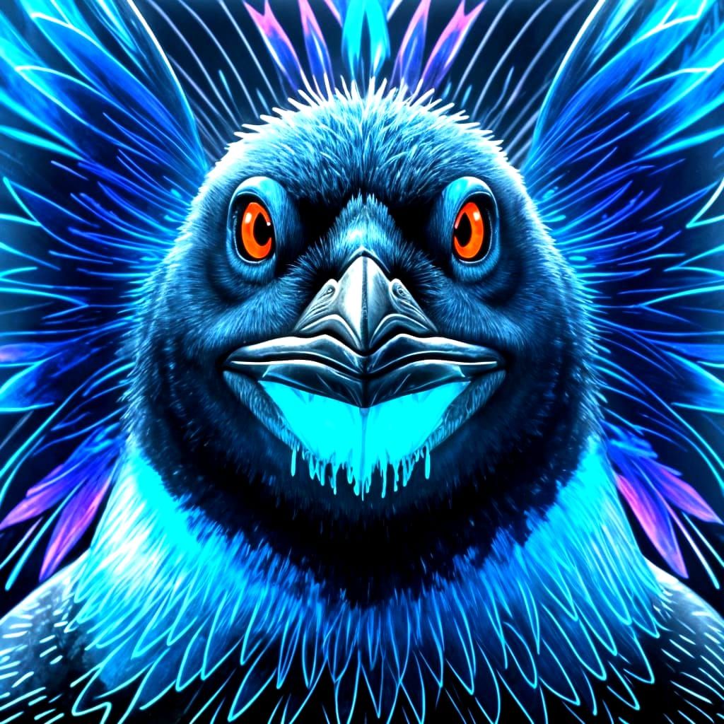 Playfully Angry Bioluminescent Penguin in Stained-Glass Styl...