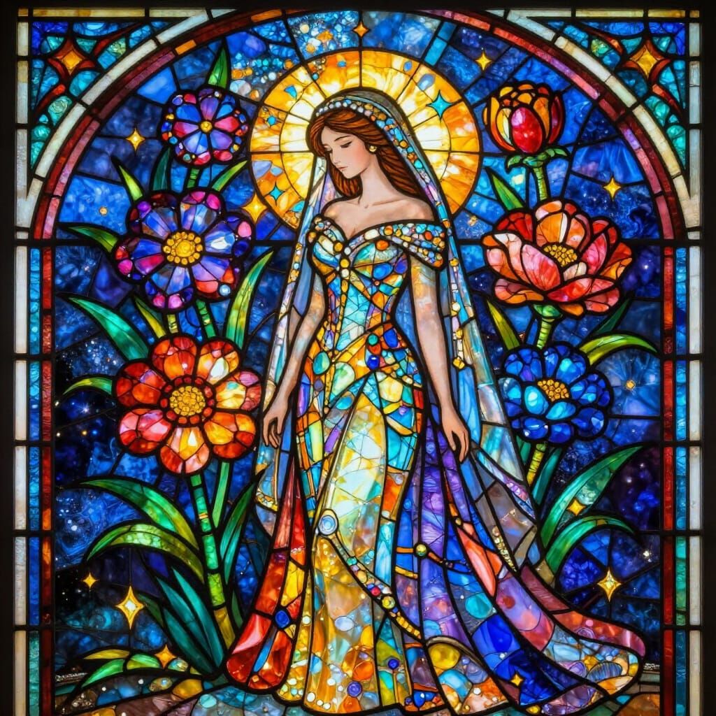 Gemstone Flower Bouquet in Vibrant Stained Glass Style