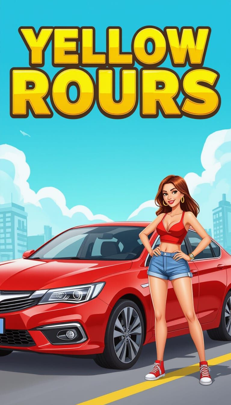Woman and Car with Yellow Game Title