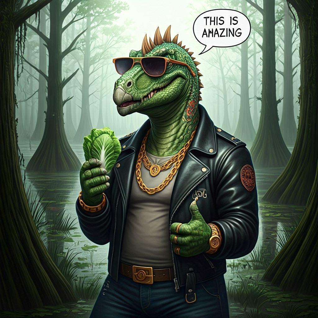 Gangster Stegosaurus in Swamp with Thumbs Up