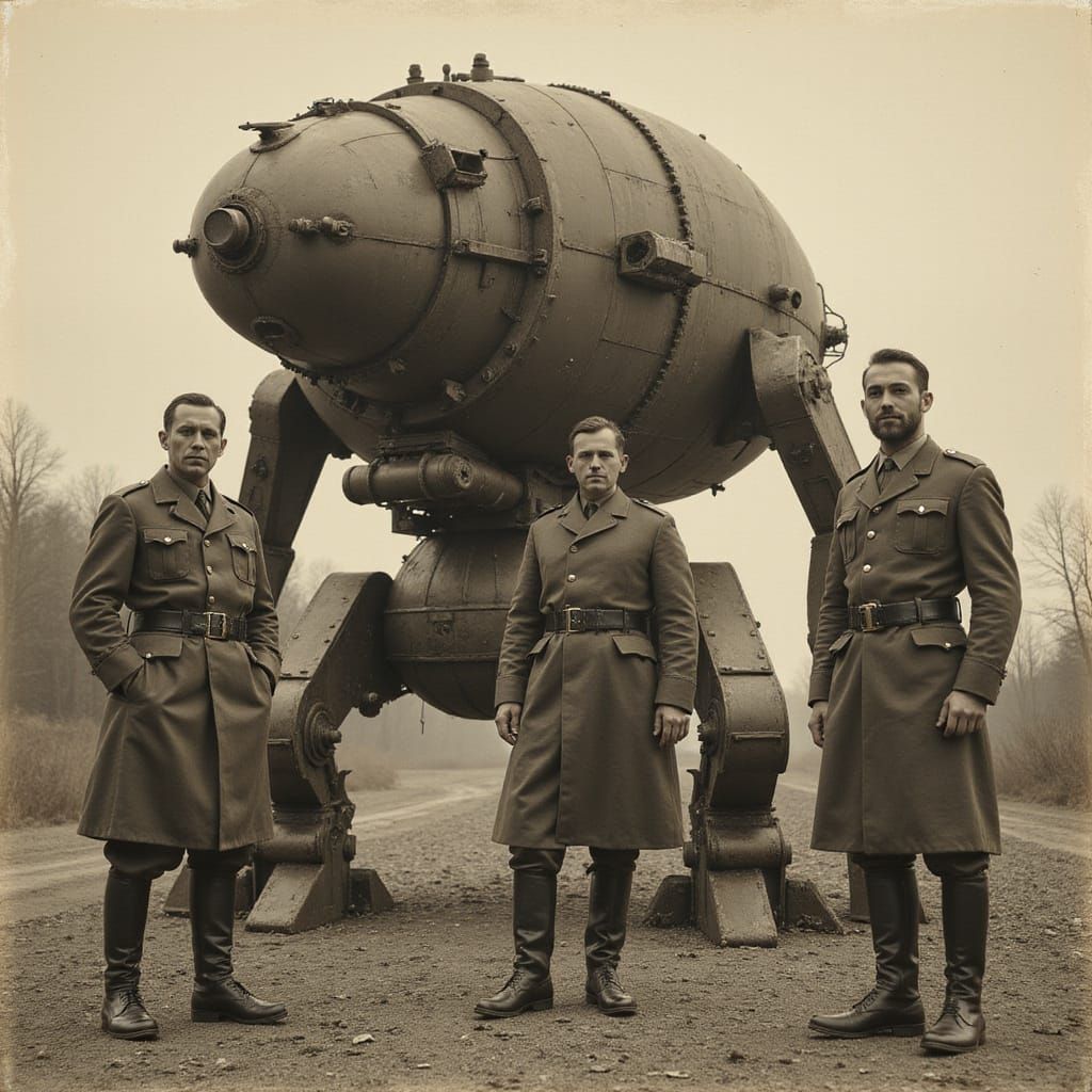 Imposing Steampunk War Machine in Sepia Tone