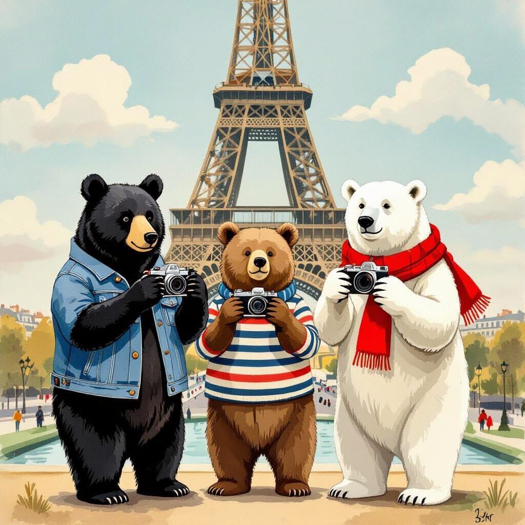 Bears Photographing Eiffel Tower in Watercolor Style