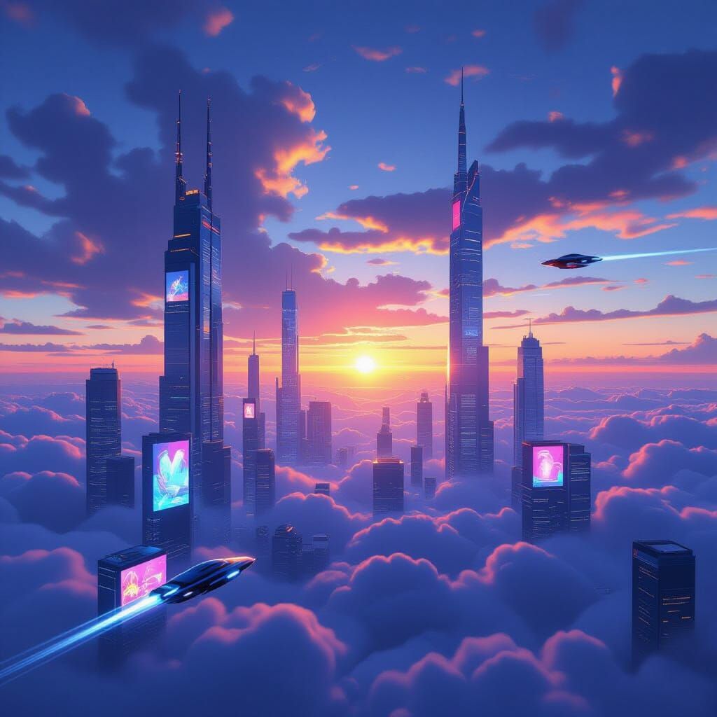 Futuristic Cityscape at Dawn in Digital Art Style