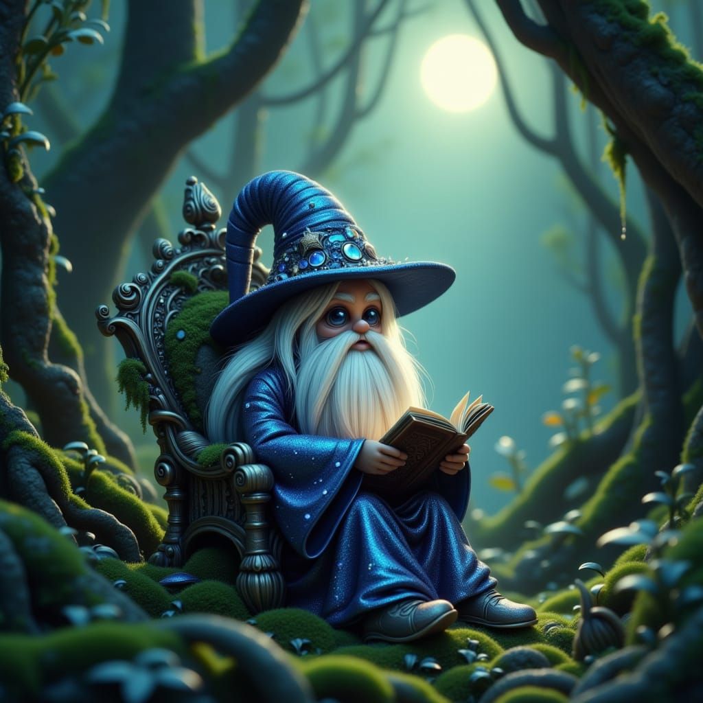 Ancient Wizard Reading Grimoire in Mystical Moonlight