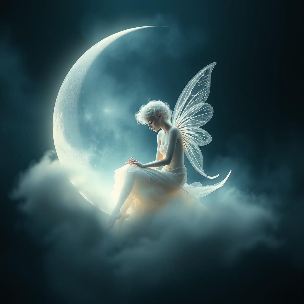 Ethereal Moon Fairy in Swirling Fog, Digital Art
