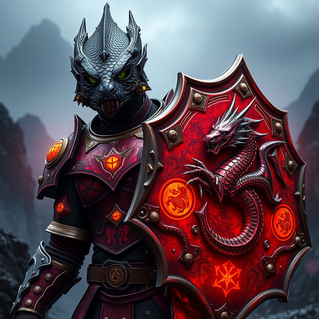 Dragonborn Fighter in Crimson Armor with Mystical Symbols