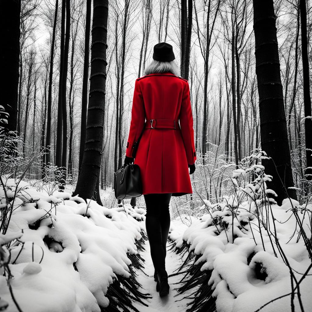 Woman in Red Coat Walking in Forest