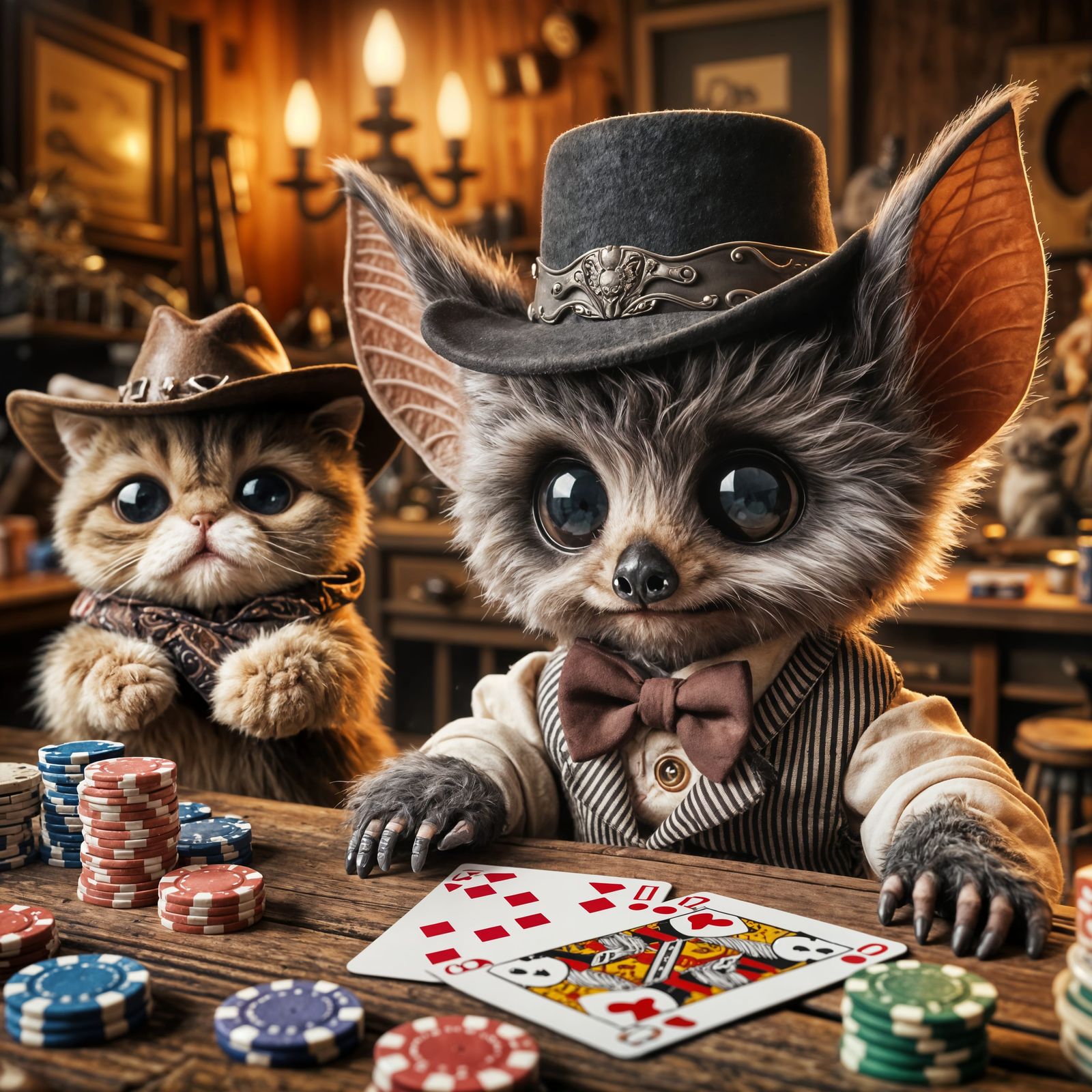 Cute Bat and Cat Play Cards in Old Western Saloon
