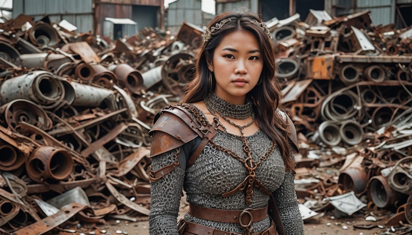 Scrapyard Guardian: Asian Woman in Chain Mail