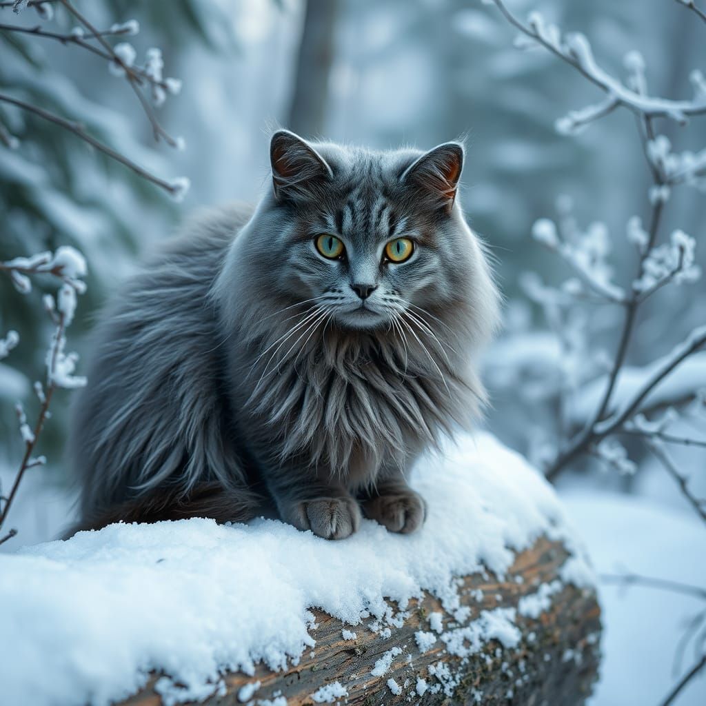 Siberian Blue Cat in Winter Forest Scene