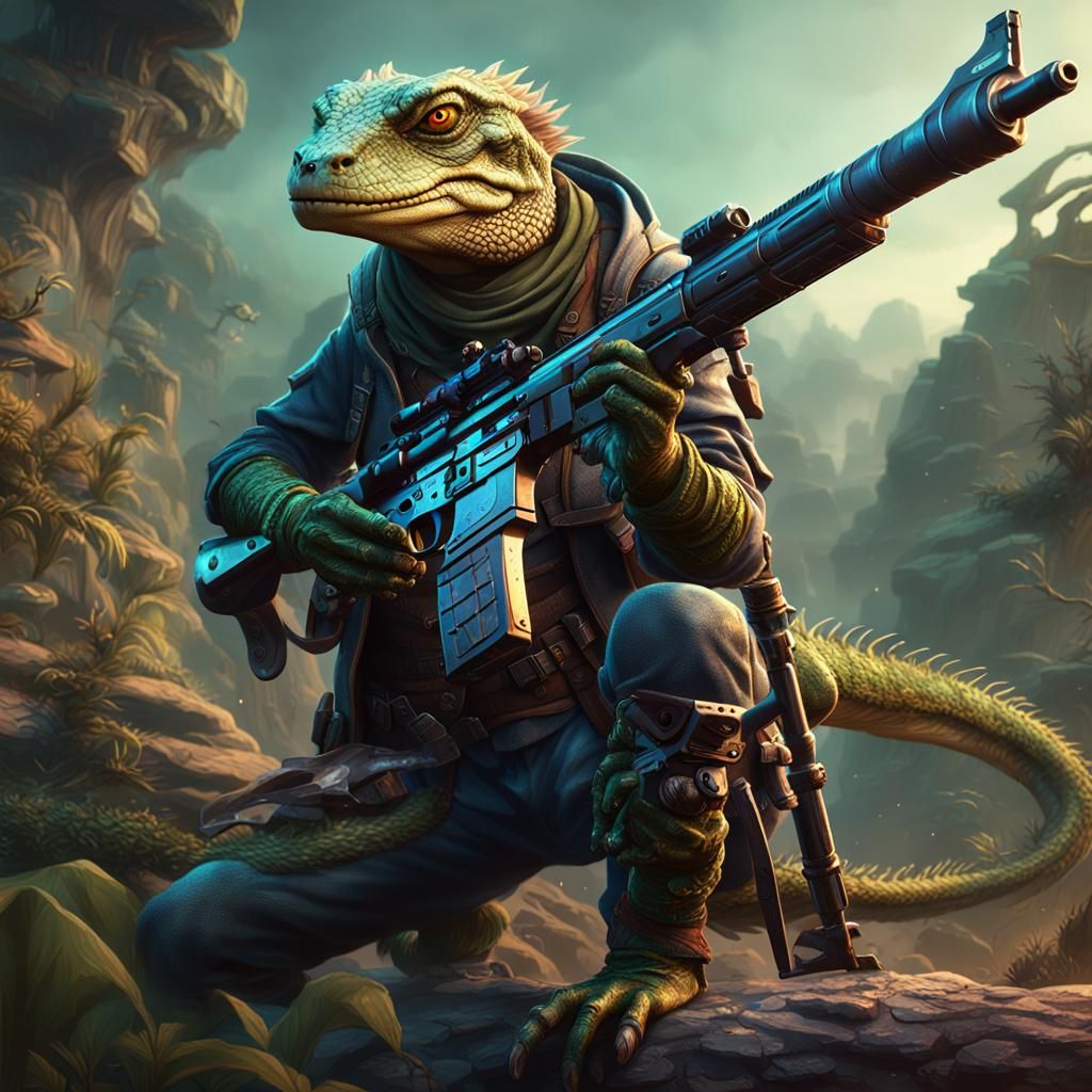 Lizardfolk Assassin with Sniper Rifle, Detailed Matte Painti...