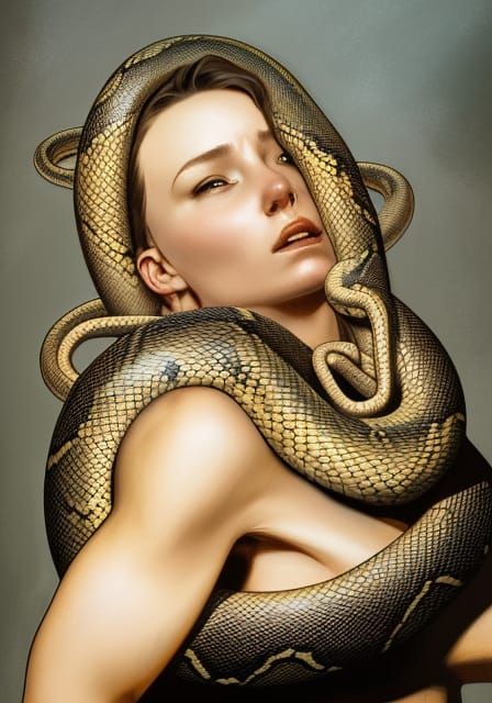 Woman Coiled by Snake: Hyperdetailed Splash Art Portrait