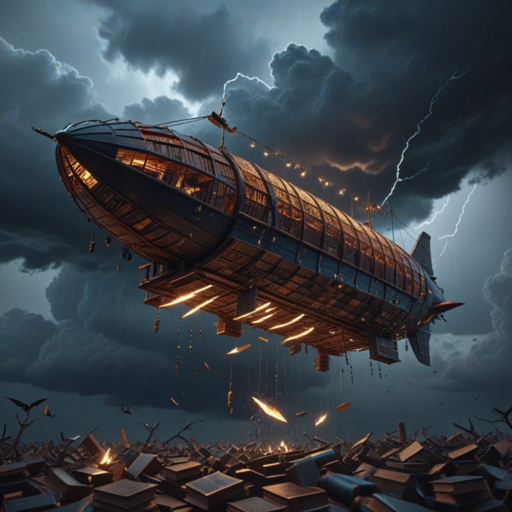 Gothic Book Airship Soars Through Stormy Sky in Vibrant Digi...