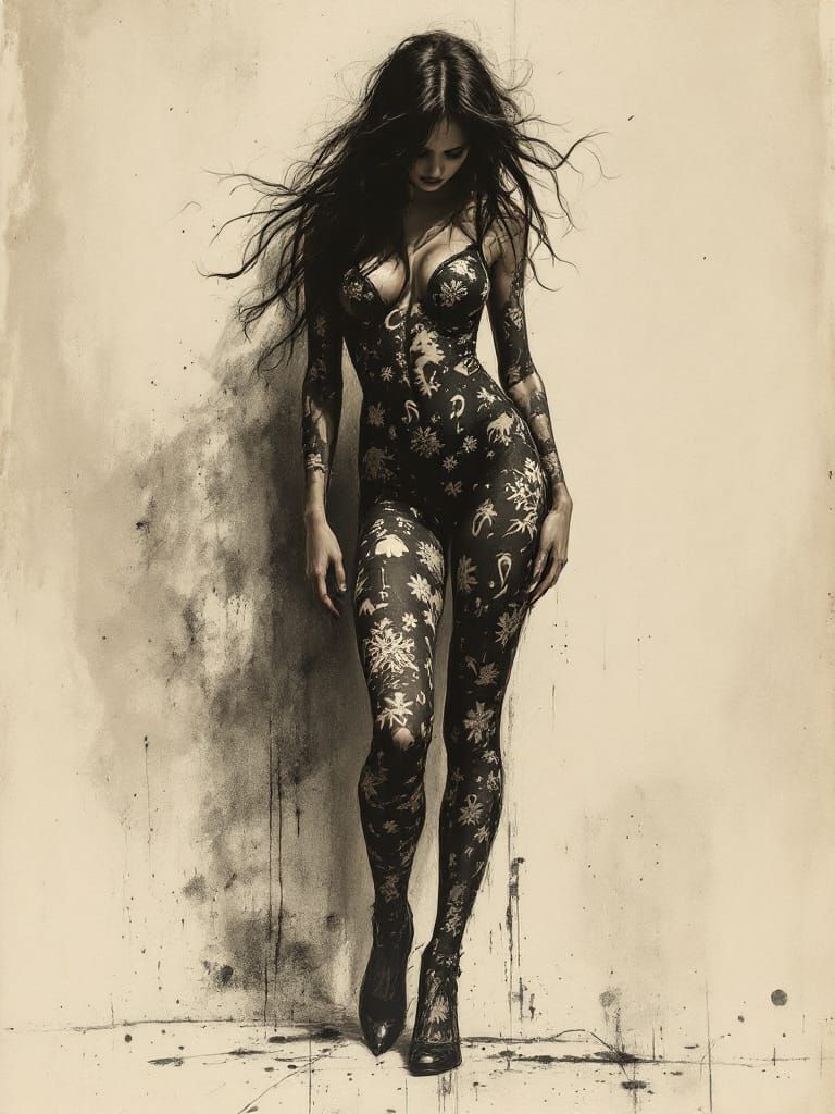 Visceral Charcoal Art: Pinup Woman in Festive Bodysuit