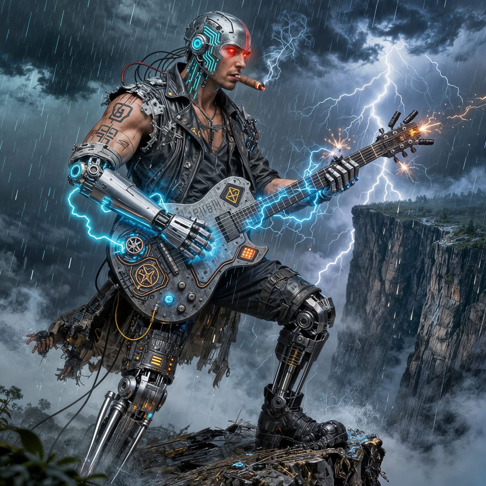 Cybernetic Man Plays Guitar Summoning Storm on Cliff Edge